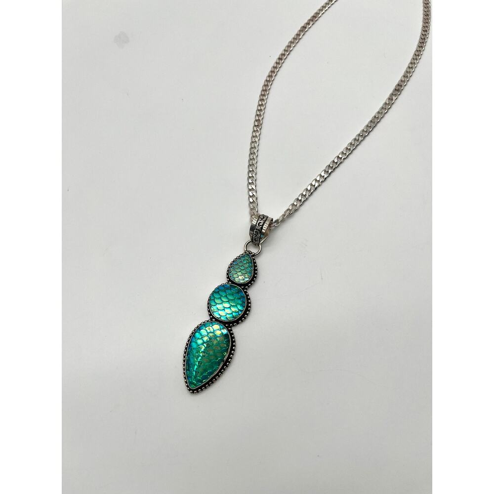 925 Sterling Stamped Mermaid Snake Scales, Iridescent Pendant On 18" Italy 925 - Picture 3 of 11
